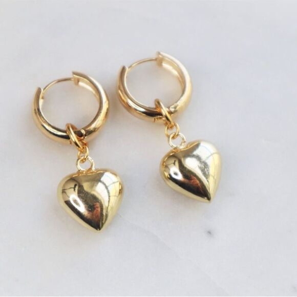 Gold heart dangle hoop earrings N262 - Picture 1 of 5